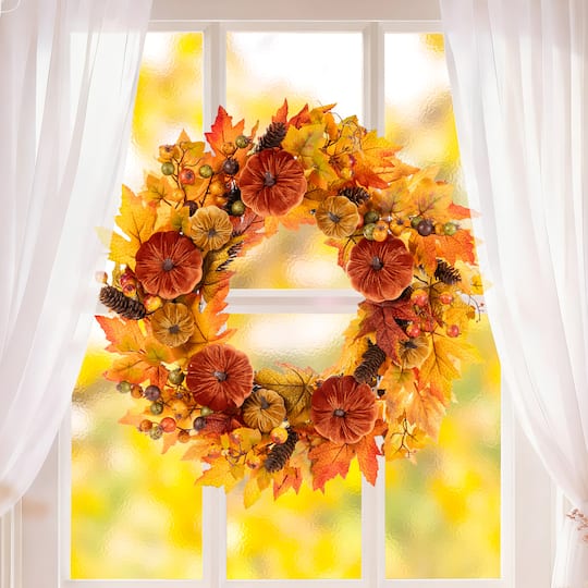 Glitzhome® 24" Fall Velvet Pumpkin, Pinecone & Berry Wreath with Black Metal Wreath Hanger